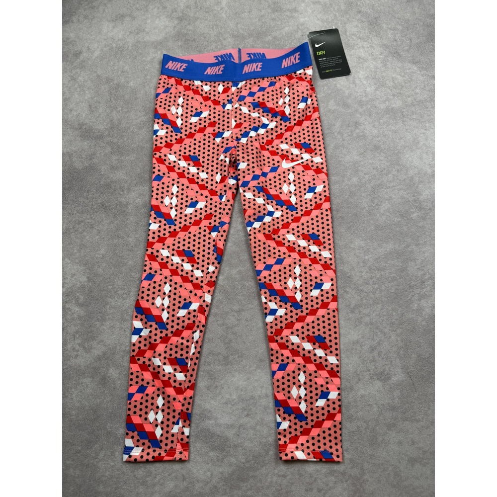 NWT Nike Girls Dri-FIT Leggings Size 6X Coral Blue Geometric Polka Dot Tights